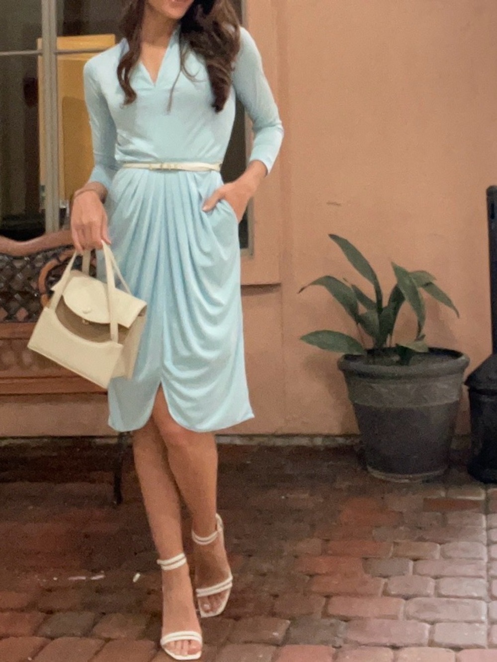 Elegant Light Blue Draped V-Neck Dress with Belt